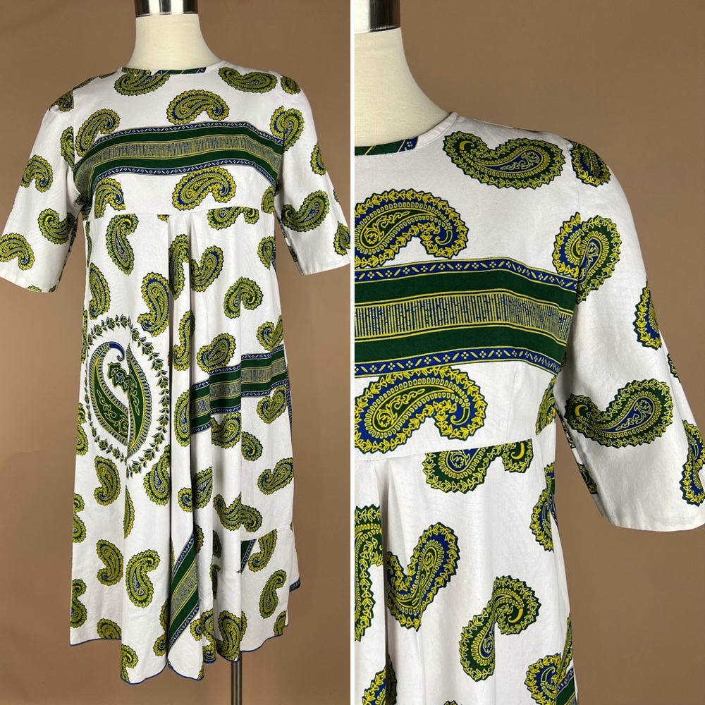 Handmade Green, Gold, and Blue Paisley African Print Short Sleeve Dress